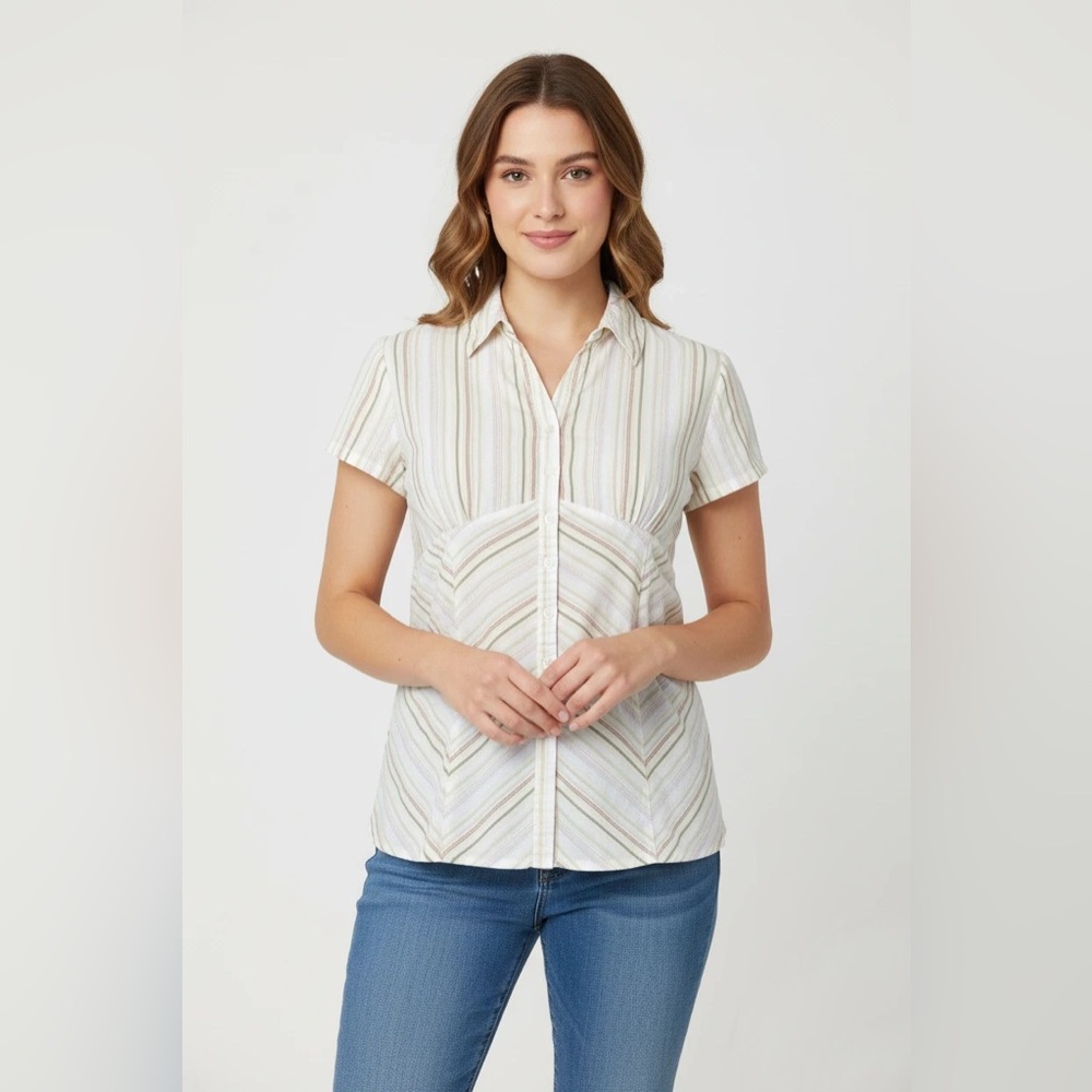 Faded Glory Striped Button Down Blouse Metallic Stretch Neutral Earth Tone Sz L